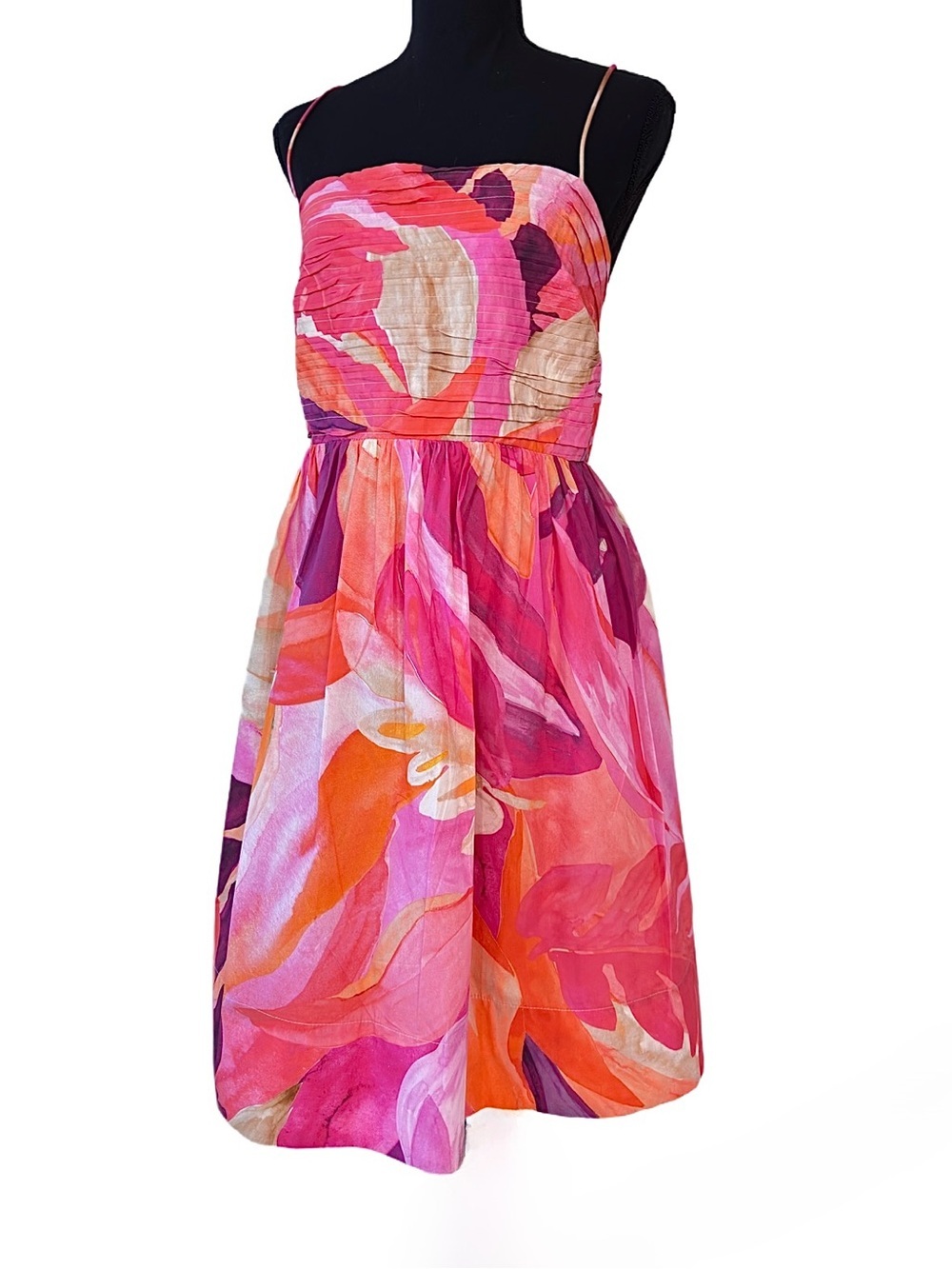 H&M Pink Orange Floral Pleated Spaghetti Strap Fit & Flare Dress size XXL - Picture 7 of 14